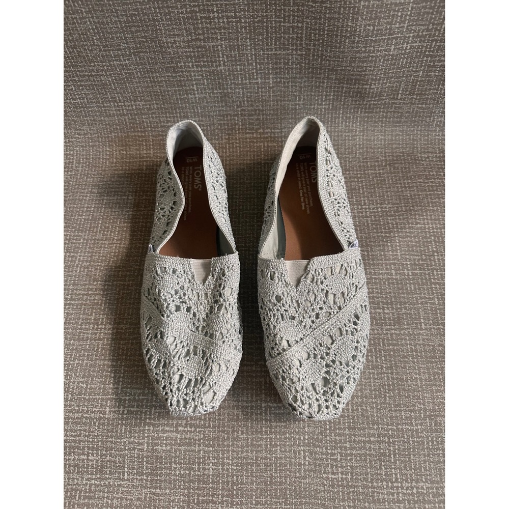 TOMS Silver Metallic Crochet Lace Alpargata Slip On Flats Shoes Womens 10